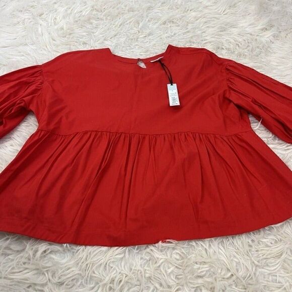 Prologue Red Balloon Sleeve Peplum Womens Romantic Blouse Size Large NWT Cotton - Picture 10 of 10
